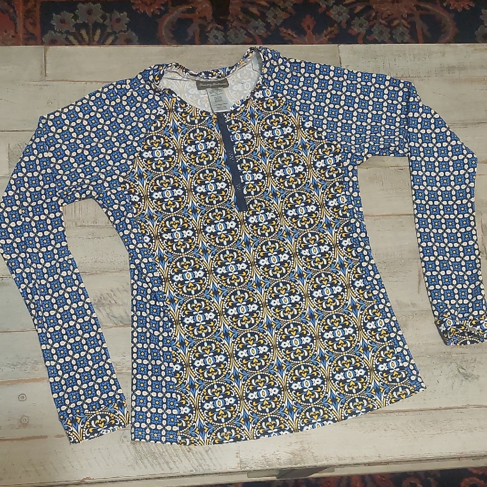 Tommy Bahama Navy and Yellow Patterned Top